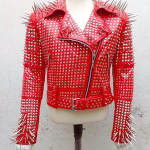 Handmade Red Studded Leather Jacket: Women&#39;s Spiked Biker Jacket