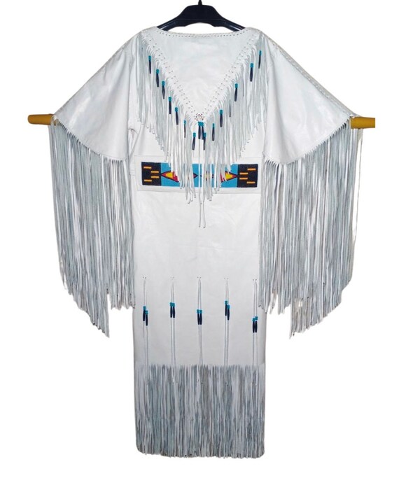 Handmade White Leather Fringed Dress: Beaded Belt Powwow Regalia