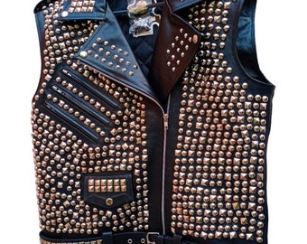 Gold Studded VEST JACKET HANDMADE Men Black Punk Silver Long