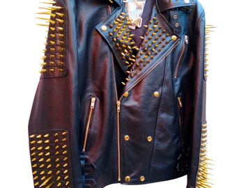 Handgefertigte Goldene Spiked Schwarz Leder Bikerjacke: Punk-Stil