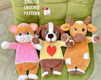 Crochet set Snuggler Patterns: cow, puppy, cat, Crochet pattern Rag Doll, Crochet cuddle blanket, Crochet baby snuggler animals lovey