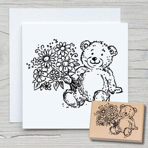 Stempel Teddy Blumen  - DIY Motivstempel zum basteln von Karten, Papier, Stoffen - Kuscheltiere, Bär, floral