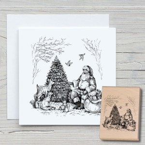 Stempel Święty Mikołaj w Lesie - stempel z motywem DIY do tworzenia kartek, papieru, tkanin - świąteczny renifer jodła