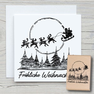 Stempel Fröhliche Weihnachten Wald - DIY Motivstempel zum basteln von Karten, Papier, Stoffen - Weihnachten, Rentierschlitten, Mond