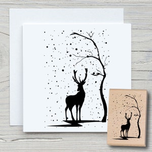 Stempel Hirsch im Schnee - DIY Motivstempel zum basteln von Karten, Papier, Stoffen - Weihnachten, Schneefall, Baum