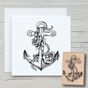 Timbro ancora con rose - timbro con motivo fai da te per realizzare cartoline, carta, tessuti - marittimo, nave, mare