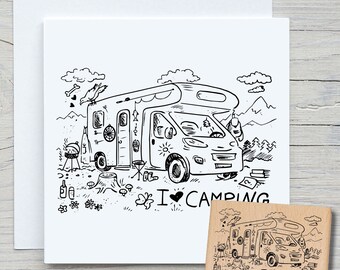 Tampon camping-car - Tampon motif DIY pour confection de cartes, papier, tissus - voyages, camping, excursions