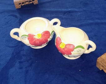 Blue Ridge Southern Potteries Creamer and Sugar Bowl Hand Painted Red Floral Vintage Farmhouse Cottage Decor