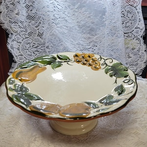 Franciscan Ware Cake Stand Pedestal Plate Hand Painted California Pottery Mid Century Kitchen Decor Serving Display fruit design