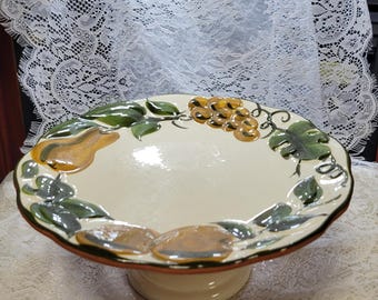 Franciscan Ware Cake Stand Pedestal Plate Hand Painted California Pottery Mid Century Kitchen Decor Serving Display fruit design