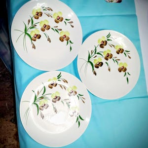 Puede incluir: Tres platos de cerámica blanca con un diseño floral. Cada plato presenta un grupo de flores amarillas y marrones con tallos y hojas verdes. Los platos están dispuestos sobre una superficie azul claro.