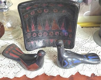 Blackware Keramik-Set südwestlichen Pueblo-Stil geätzte Blackware Handgefertigte Vogelfiguren Boho Southwest Decor
