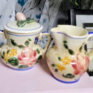 Red Wing Pottery Orleans Creamer and Covered Sugar Bowl Hand Painted Pink Roses Blue Trim Vintage USA