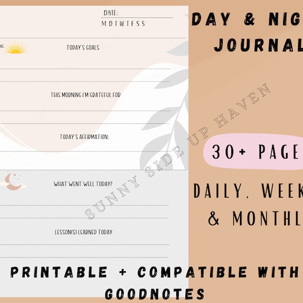 Day & Night Reflection Journal (Minimalist), Printable Digital Mental Health Mindfulness Wellbeing Template for Goodnotes iPad