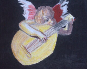 Dibujo del ángel músico hecho a mano con pastel