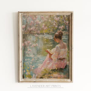 Cottagecore Wall Art, Reading Nook Decor, Woman Reading in Garden Painting Digital Download Instant Printable Home Book Shelf Decor