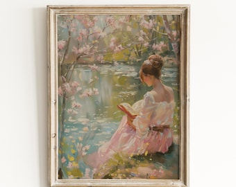 Cottagecore Wall Art, Reading Nook Decor: Woman in Garden Painting | 0115