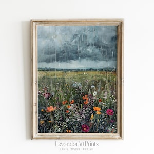 Rainy Day Printable Wall Art Wildflower Field Rain Nature Decor Digital Download
