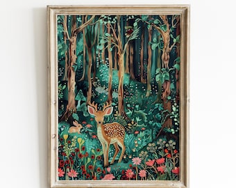 Woodland Nursery Wall Art Whimsical Forest Animals Digital Print with Deer & Rabbit Baby Room Decor | 0085
