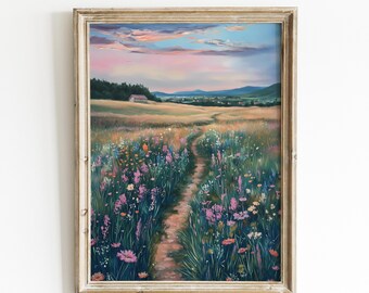 Wildflower Field Landscape Print: Pink Sky Nature Art | 0035