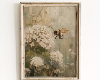 Bumble Bee Hydrangea Print: Nature Wall Art, White Flowers | 0095