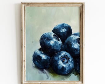 May include: A framed print featuring a still life of blueberries. The painting showcases a cluster of ripe, dark blue blueberries with a glossy sheen, set against a soft, muted green background. The frame is a light, neutral color. The text "LavenderArtPrints" is visible.