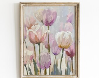 Pastel Pink Tulip Painting: Cottagecore Spring Floral Wall Art | 0047