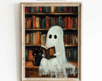 May include: A framed print featuring a friendly ghost reading a book with a black cat. The ghost is white with large black eyes, and the cat is black. The background shows a bookshelf filled with books. The text "Lavender Art Prints" is at the top.