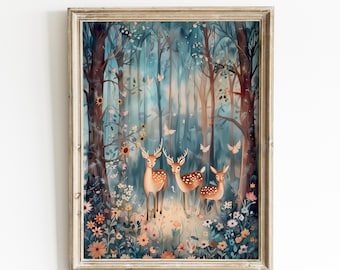 Storybook Forest Illustration Woodland Nursery Wall Art Baby Room Digital Print Deer Woodland Animal Decor | 0083