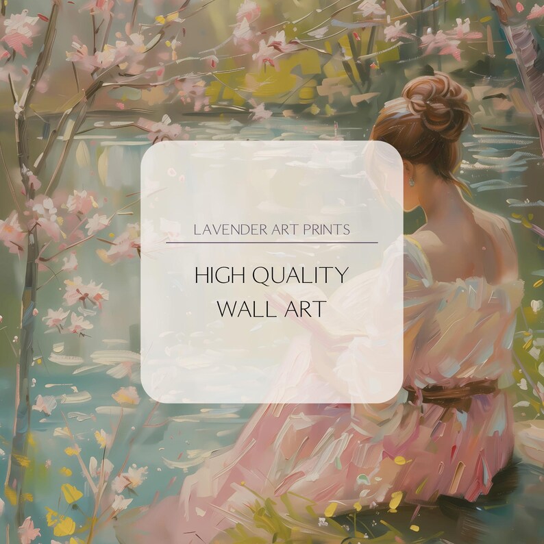 May include: A digital art print featuring a woman in a pink dress, seated near a body of water, with a backdrop of blooming trees. The artwork has a soft, painterly style. Text on the image reads "Lavender Art Prints" and "High Quality Wall Art."