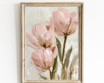 Pastel Pink Tulip Painting: Cottagecore Spring Floral Wall Art | 0062