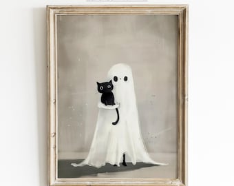 May include: A framed art print featuring a friendly ghost figure holding a black cat. The ghost is draped in a white sheet, and the cat has large, round eyes. The artwork has a whimsical, slightly spooky theme, with the text "Lavender Art Prints" at the top.