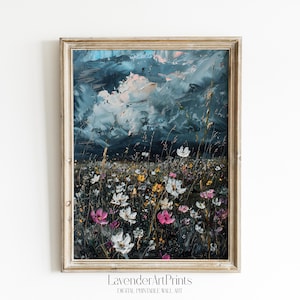 Stormy Clouds Landscape Printable Wall Art Wildflowers Field Rain Nature Decor Digital Download
