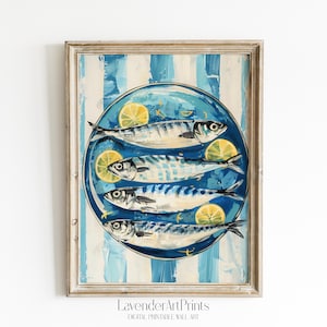 Simple Seafood Wall Art Printable Sardines Painting Digital Download Blue White Striped Kitchen Decor Nautical Coastal Print | 0160
