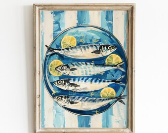 Sardines Painting Print: Blue & White Nautical Kitchen Decor | 0160