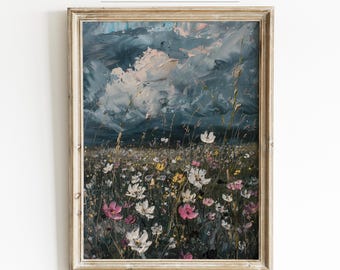 Stormy Sky Landscape Print: Moody Clouds, Wildflowers | 0120