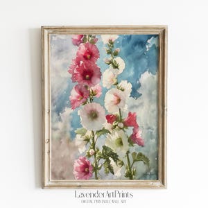 Hollyhocks Watercolor Painting Printable Art Flowers Wall Decor Instant Download Nature Art Print | 0196