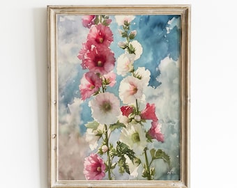 Hollyhocks Art PRINT, Garden Flowers Watercolour Painting Wall Art