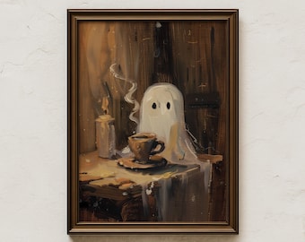 May include: A framed painting depicts a friendly ghost enjoying a cup of coffee next to a lit candle. The artwork has a warm, vintage aesthetic with a brown wooden frame. The text "LAVENDER ART PRINTS" is at the bottom.