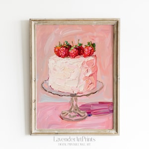 Strawberry Cake Painting on Pink Background Vintage Style Cake Artwork Printable Dessert Wall Art Instant Download Glass Stand Decor | 0076