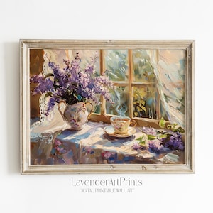 Lilac Flowers and Vintage Tea Cup Wall Art Vase by Window Instant Download Printable Home Decor Floral Kitchen Cottagecore Aesthetic | 0113