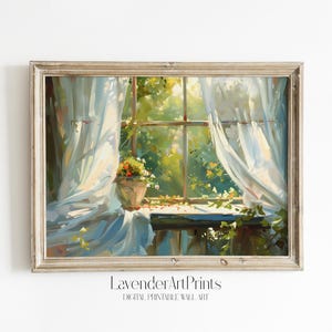 Window View with White Curtains Oil Painting Wall Art Sunny Green Garden View Cozy Home Decor Digital Download Nature Wall Art | 0123