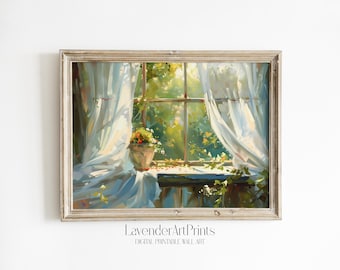 May include: A framed digital print of a window scene. The artwork depicts a sunlit window with white curtains, a flower pot, and lush greenery. The color palette includes soft blues, greens, and yellows, creating a serene and inviting atmosphere. The text "LavenderArtPrints" is visible.