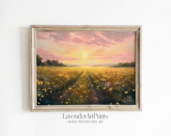 Sunset Meadow Pathway Art: Gelbe Blumen Landschaft Printable | 0100