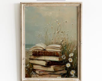 Vintage Books and Daisies Oil Painting Style Print: Cozy Reading Nook Art | 0229