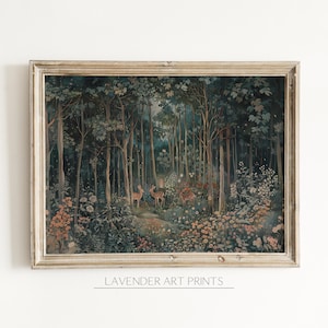 Illustrazione di paesaggio con foresta stravagante con cervi, conigli e gufo, decorazione da parete per cameretta dei bambini, stampa digitale, decorazione da parete per cameretta dei bambini / 0041