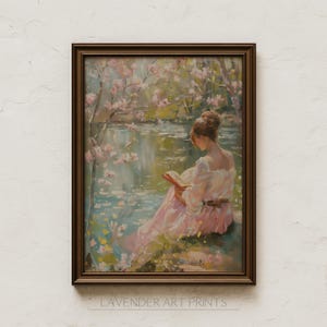 Cottagecore Wall Art, Reading Nook Decor, Woman Reading in Garden Painting Digital Download Instant Printable Home Book Shelf Decor
