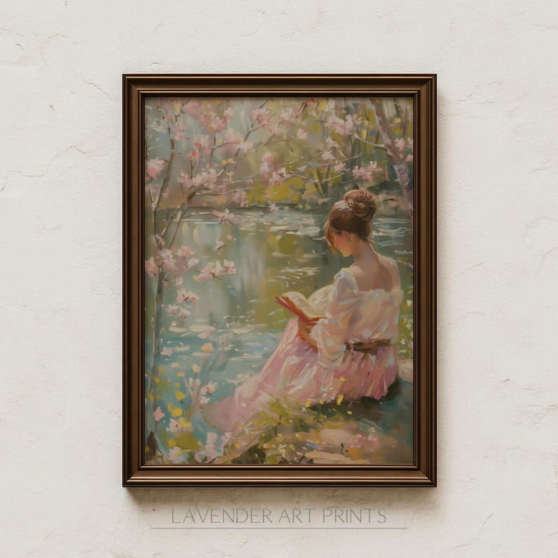 Cottagecore Wall Art, Reading Nook Decor, Woman Reading in Garden Painting Digital Download Instant Printable Home Book Shelf Decor