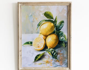 May include: A framed art print featuring a still life of lemons. The painting depicts several bright yellow lemons with green leaves, one cut in half, arranged on a white surface. The frame is a light gold color. The text "LavenderArtPrints" is at the bottom.