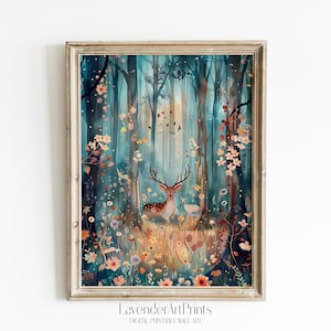 Decorazione murale per cameretta dei bambini, stampa digitale di animali della foresta stravaganti con cervi, decorazione per cameretta dei bambini, regalo / 0086
